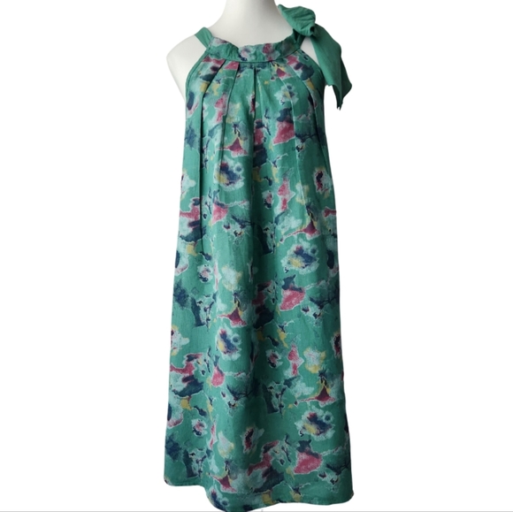 Bellambra Dresses & Skirts - BELLAMBRA MADE IN ITALY 100% Linen Neck Tie Floral Watercolor Printed Dress